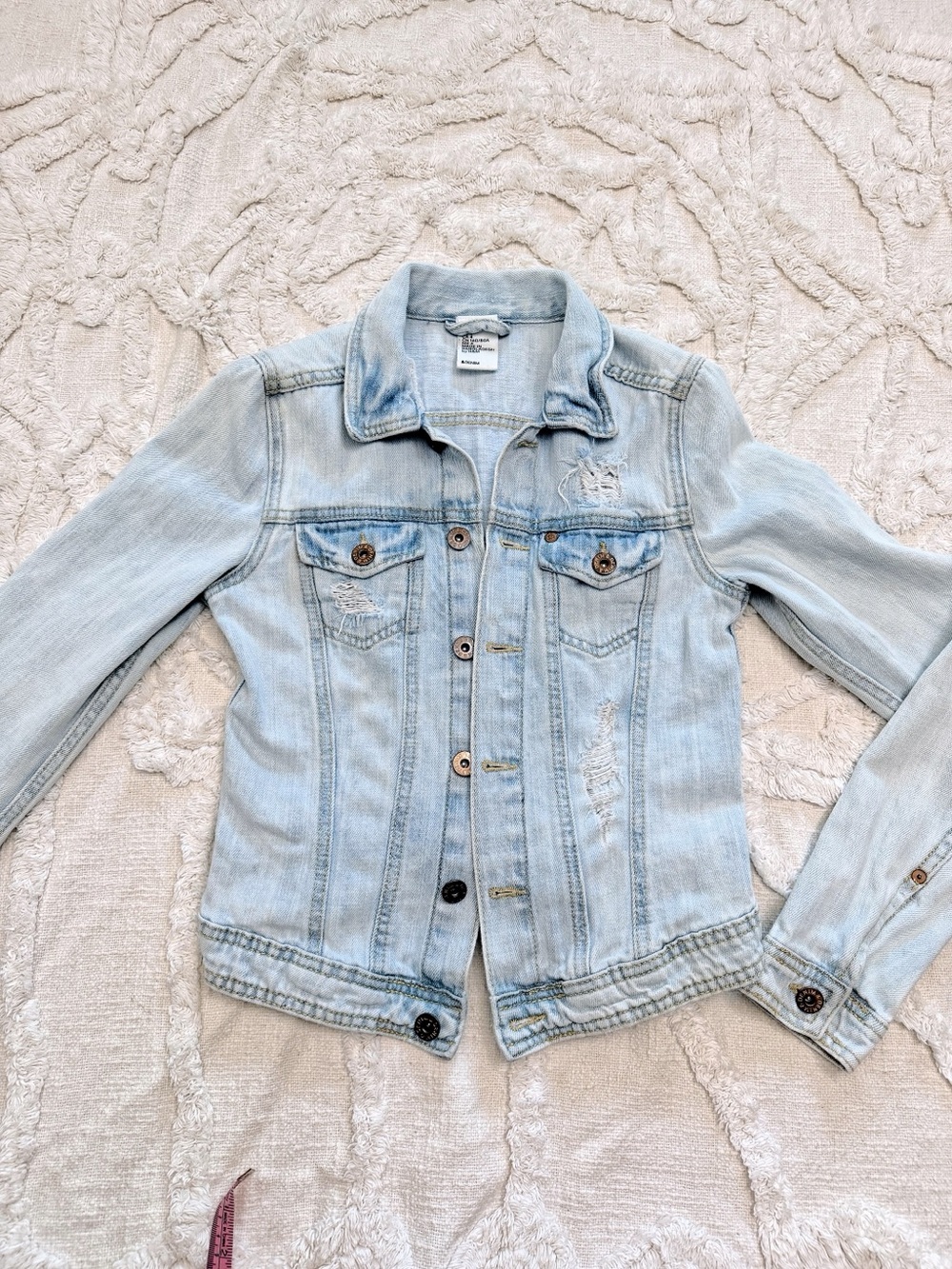 H&M Denim Jacket Size 4 Light Wash Distressed Fitted Jean Jacket Y2K